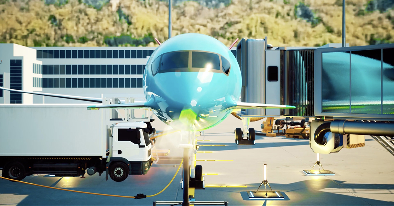 FlyZero - CGI of hydrogen fuelled aircraft turnaround