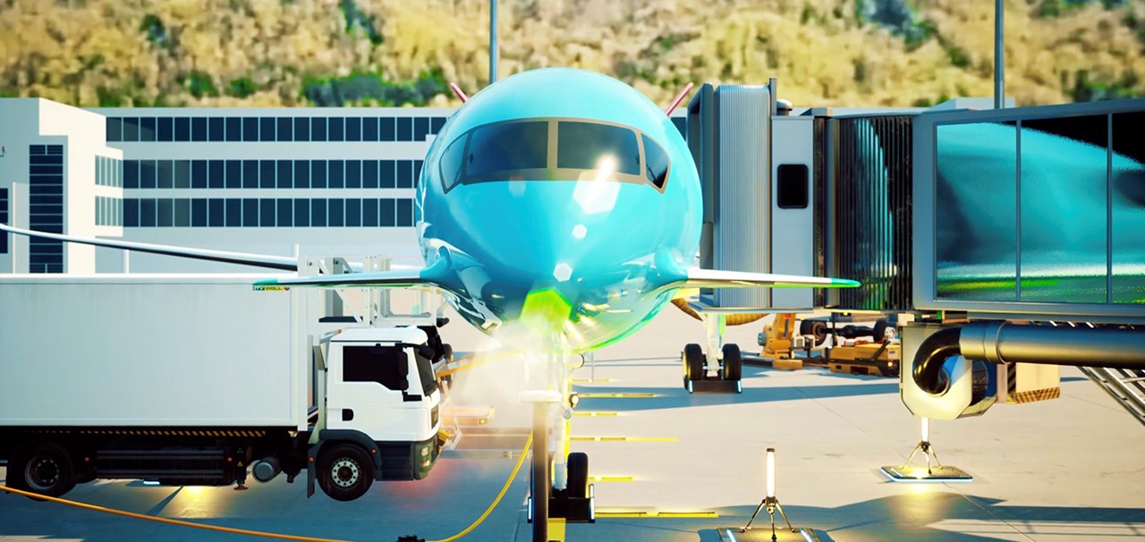 FlyZero - CGI of hydrogen fuelled aircraft turnaround