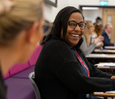 Volunteering at school mock interview - woman laughing
