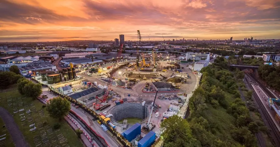 HS2 site drone shot at sunset